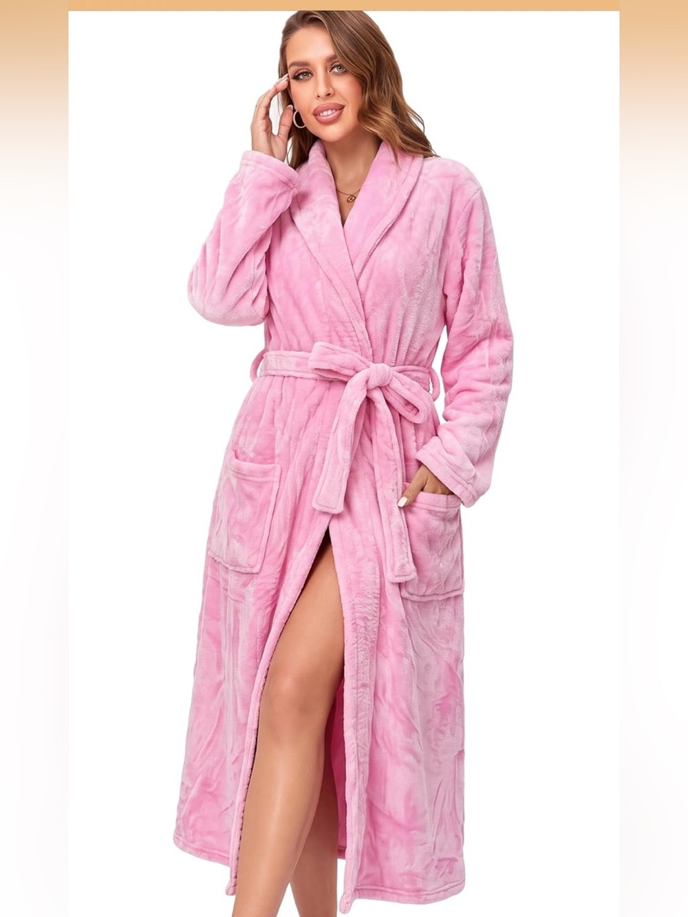RONGTAI Womens Bathrobe Ladies Fleece Plush Warm Long Robes - Pink